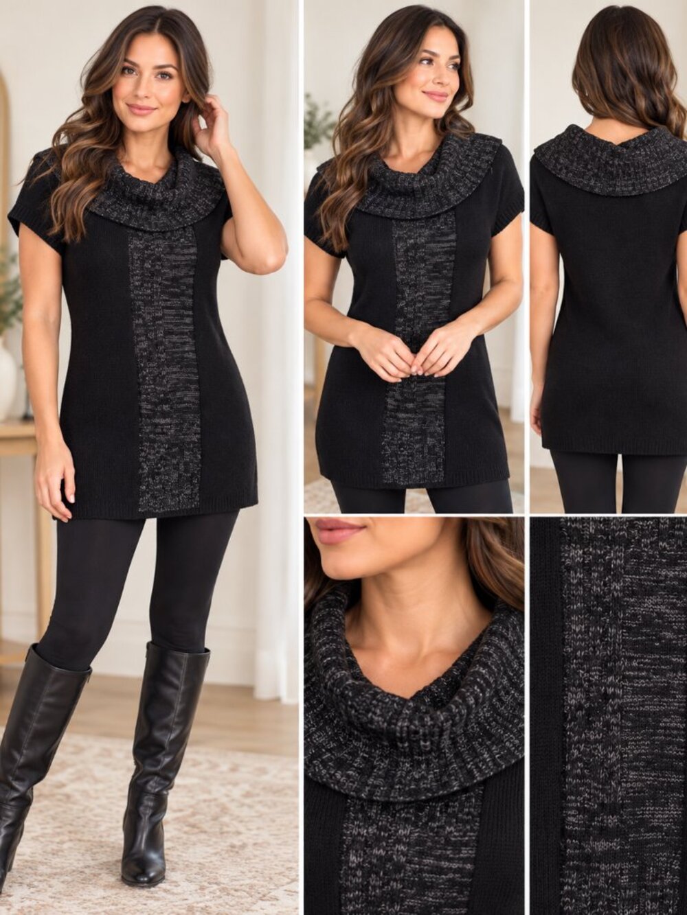 Black & Charcoal Cowl Neck Sweater Tunic Dress